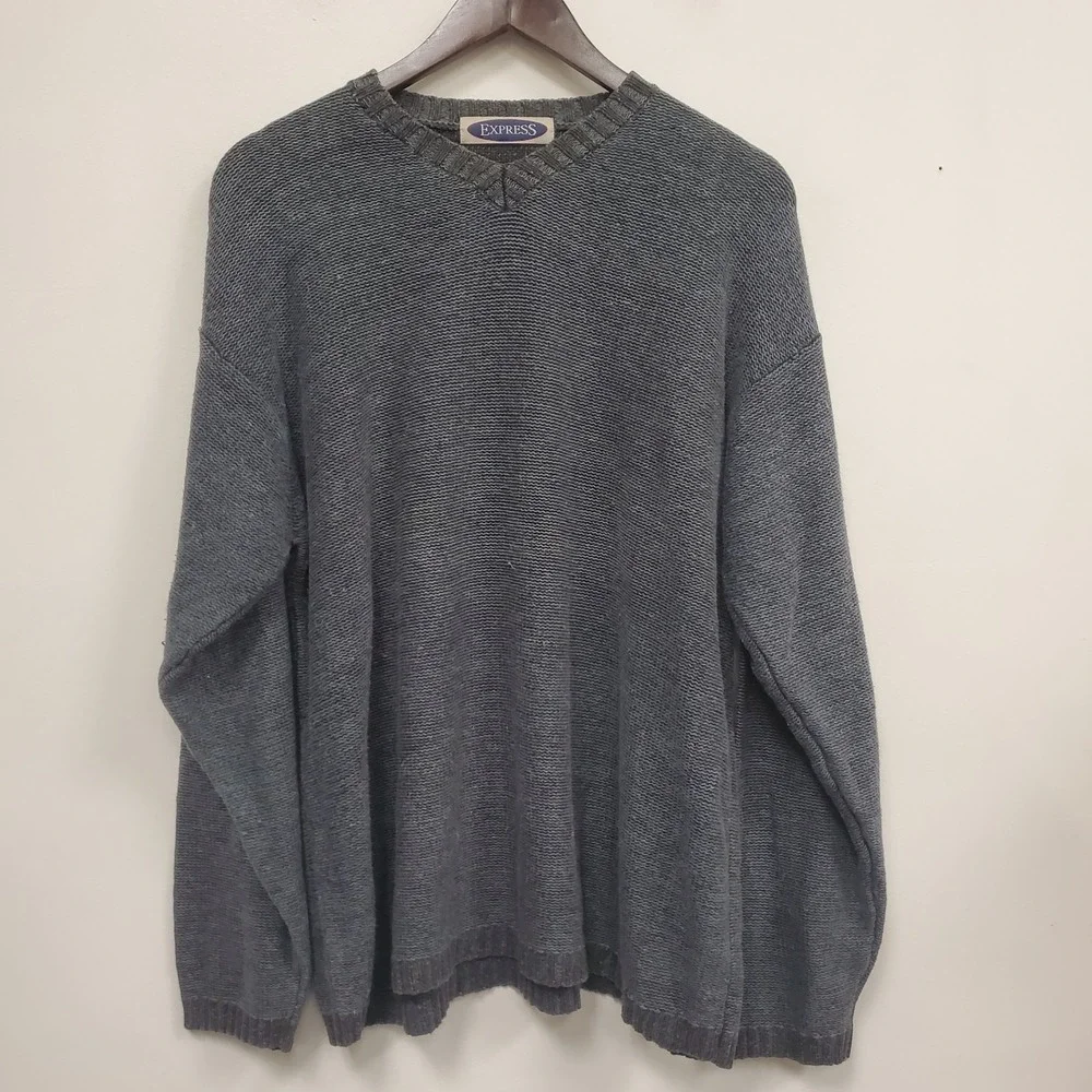 Vintage Express Mens Thick Knit V Nece Ribbed Trim Sweater Size L Heathered Blue